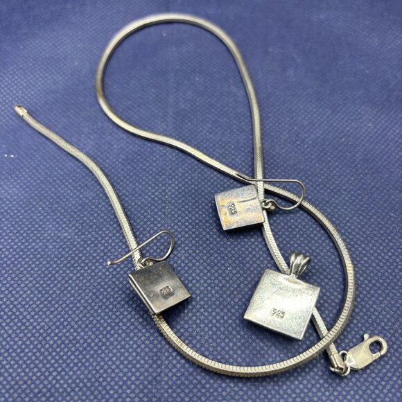 925 Silver Snake Chain + Solid Pendant + Earring Set w/ Scroll Design + Patina - Picture 6 of 8